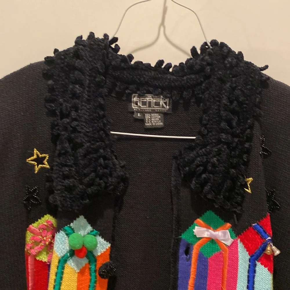 Berek Christmas Sweater.  Fringe around neck.  Presents on front‎ of sweater. - Picture 2 of 8